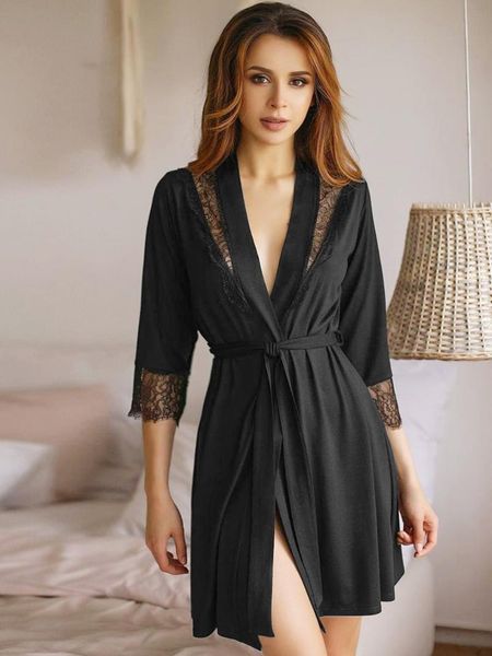 

women's sleepwear lace black patchwork robes women pajama mini bathrobes transparent home wear up robe knitted loungewear, Black;red