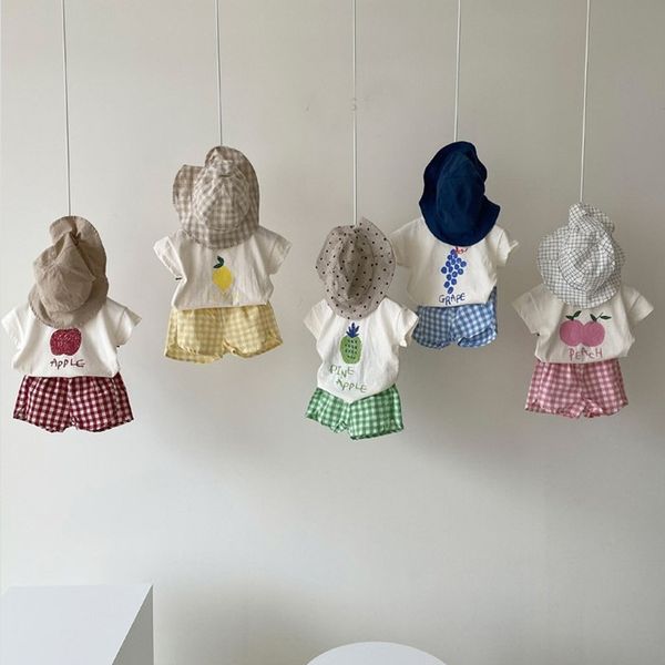 

summer newnewborn infant baby boy girl soft fruit cartoon pattern short sleeve + cute plaid shorts pant 2pcs clothes set 210413, White