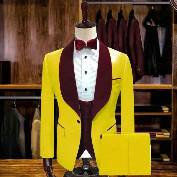 

custom made terno slim fit 3 piece yellow groom tuxedo wedding suits for men groomsman prom party (jacket+pant+vest+bow) men's & blazer, White;black
