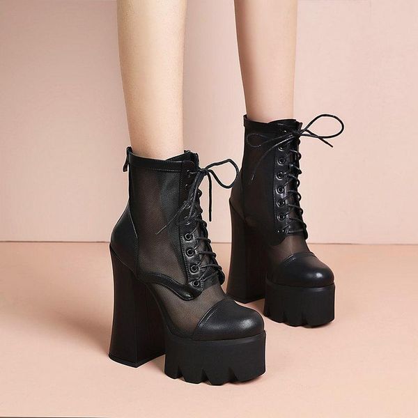 

boots 2021 flock leather black women ankle high heels shoes punk platform back lace-up spring summer mesh 15cm