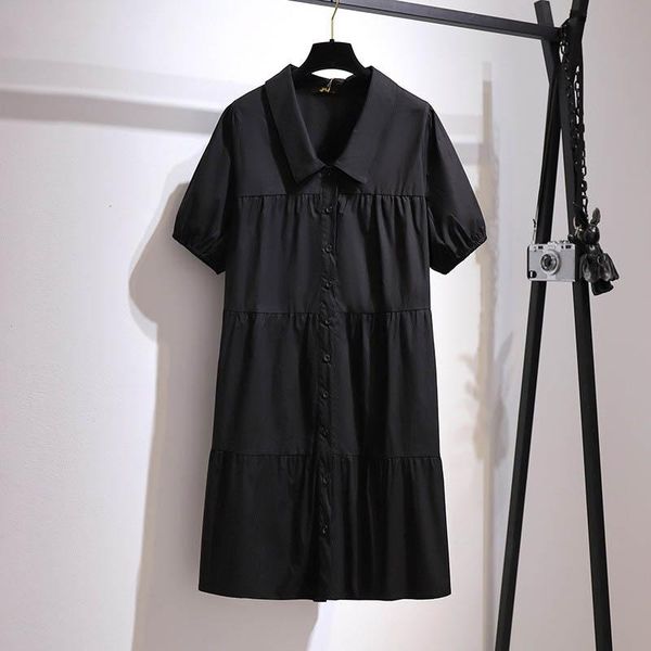 

casual dresses 150kg plus size women's summer loose cotton short sleeve a-line dress bust 152cm 5xl 6xl 7xl 8xl 9xl lapel button black, Black;gray