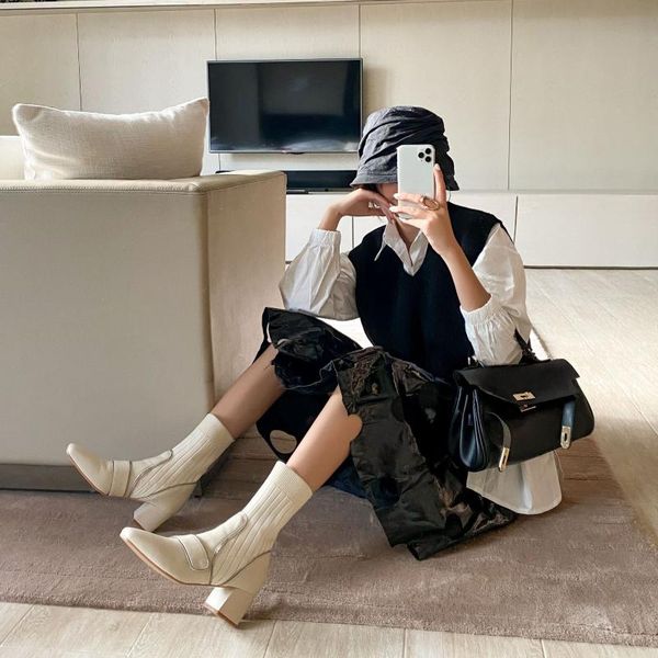 

dress shoes spring and autumn 2021 wild fashion women's boots thin square head thick heel elastic x068, Black