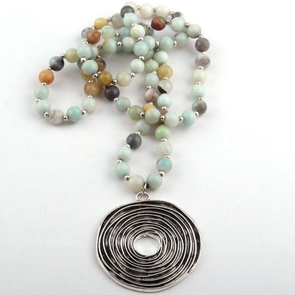 

pendant necklaces fashion amazonite stone bead metal disc circle, Silver