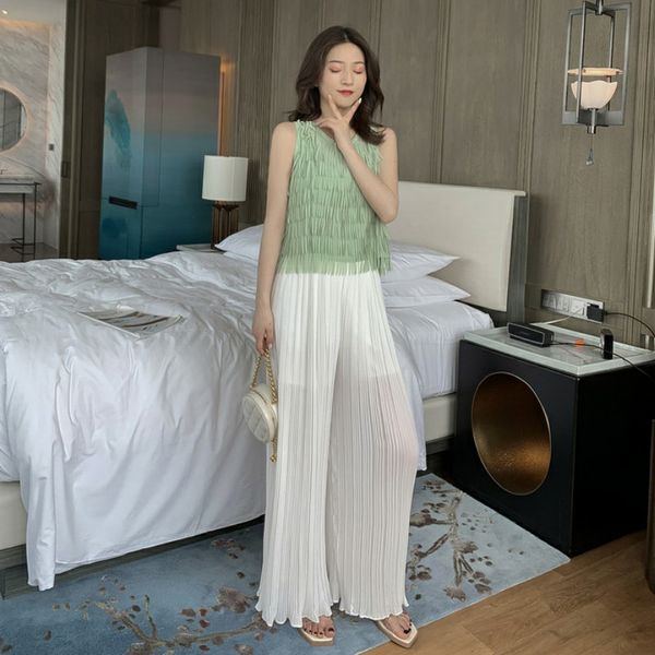 

summer women sets casual sleeveless shirt pullover tank + female chiffon wide leg pants high waist trousers two piece 210423, White