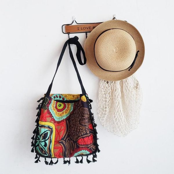 

party gift favor eco-friendly canvas bag ethnic style cross body strap women messenger shoulder black tassel trim