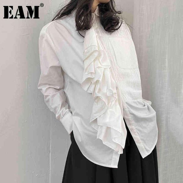 

[eam] women white asymmetrical big size ruffles blouse lapel long sleeve loose fit shirt fashion spring autumn 1dd8320 21512