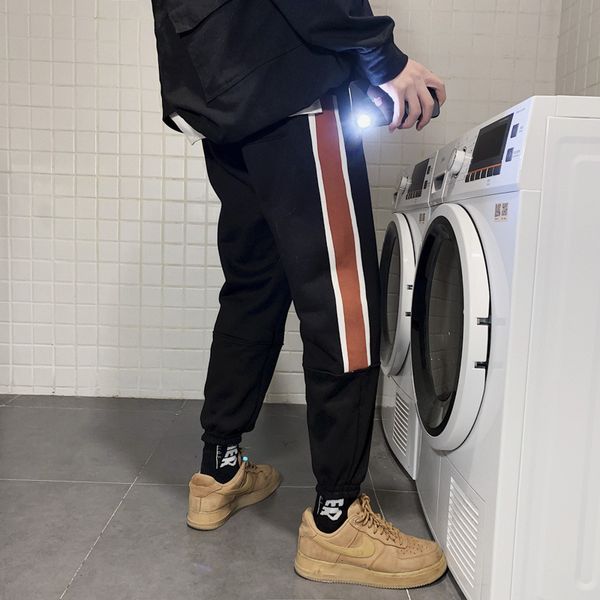 

Men Casual Pants Patchwork Panelled Plus Velvet Loose Trouser Male All-match Soft Ins Chic Daily Trendy Elastic Waist Streetwear, Black