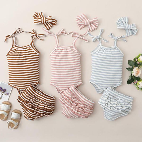 

clothing sets 3pcs set toddler infant outfits fashion striped lace up sleeveless bodysuits+ruffle shorts+headband baby girl boy clothes, White