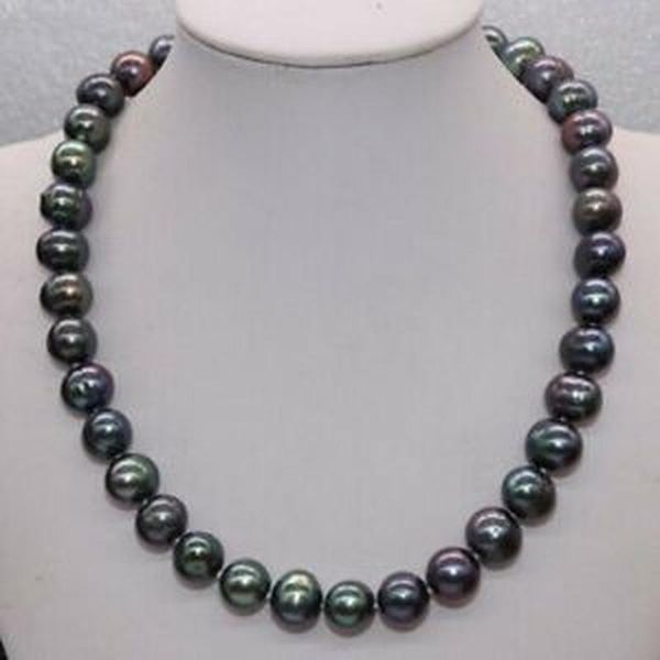 

beautiful peacock black 9-10mm freshwater pearl necklace 18" chains, Silver