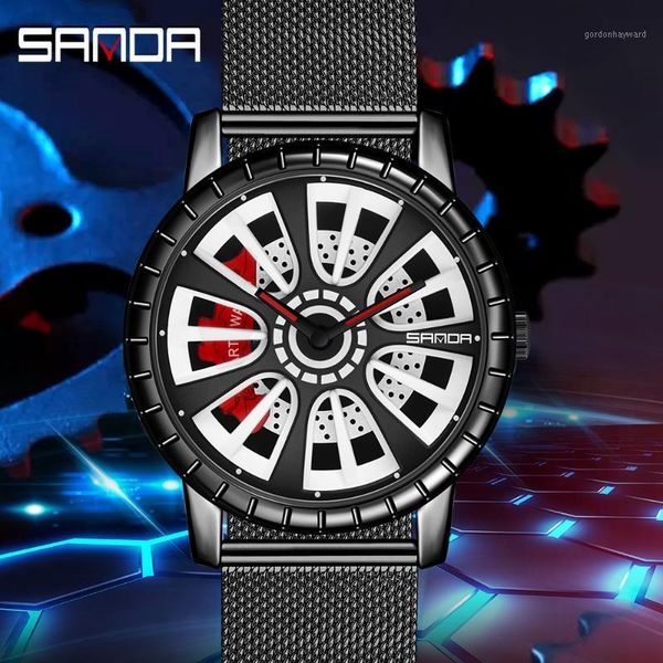 

wristwatches sanda 2021 fashion men watch unique hollow out wheel dial quartz wristwatch water resistant gifts relogio masculino 1054, Slivery;brown