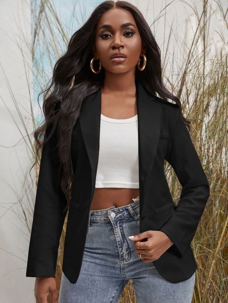 

solid button front lapel neck blazer w6bu#, White;black