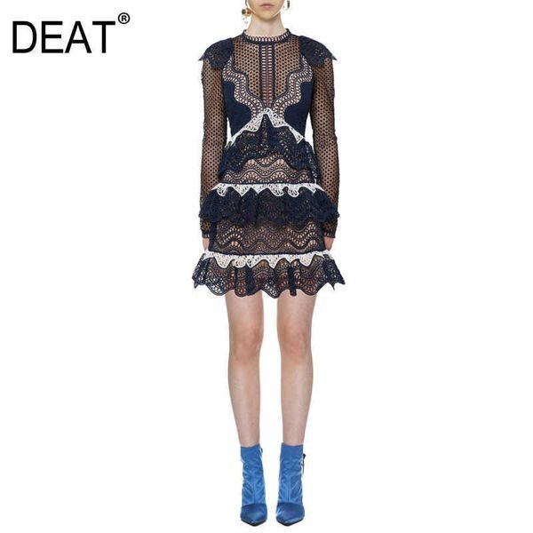 

[deat] summer fashion round neck high waist ruffles long sleeve splicing temperament elegant dress women 13d197 210527, Black;gray
