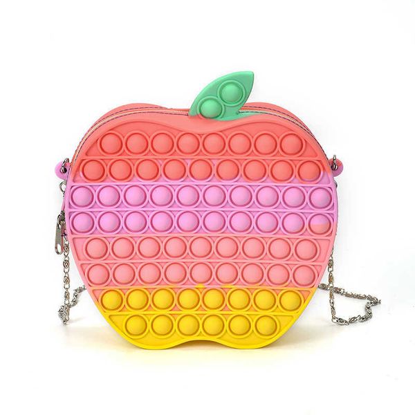 

sensory fidget silicone purses push popper bubble toys backpack kids girls chain bag apple shape cartoon fanny pack crossbody finger board p, White