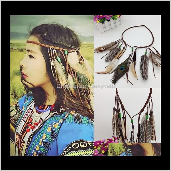 Entrega de jóias da cabeça de jóias 2021 Hippy Indian Head Band Boho Faux Peacock Feather Bead Band Women Fashion Tassel Headwear