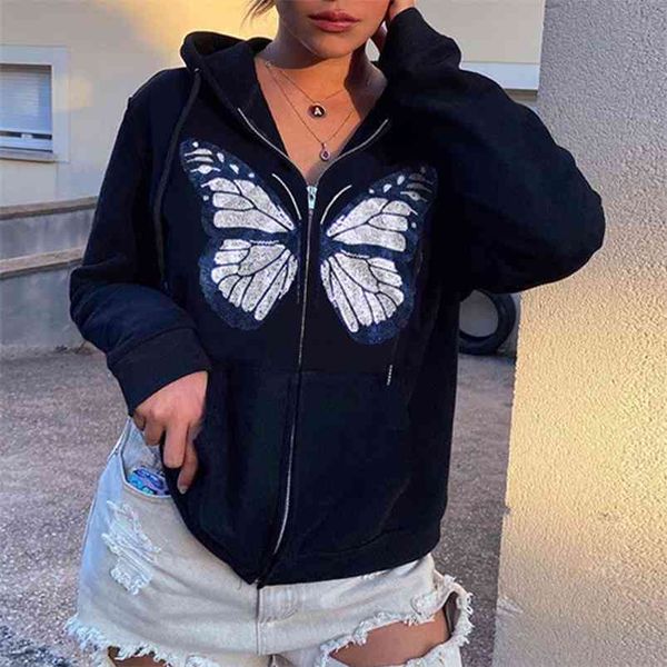 Kawaii Butterfly Graphic Baumwolle Schwarz Y2K Übergroßer Hoodie Zip Up Langarm Sweatshirts Streetwear Grau Top Herbst 210721