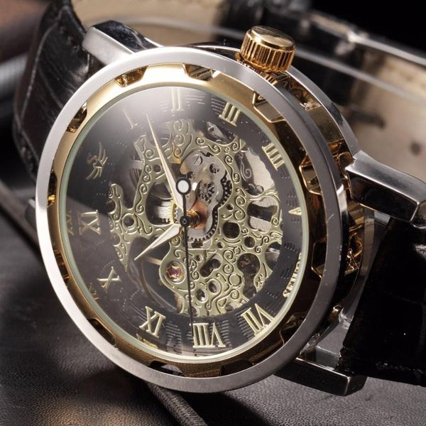 

skeleton mechanical watch men designer black gold leather vintage business fashion hand wind wristwatch relogio masculino wristwatches, Slivery;brown