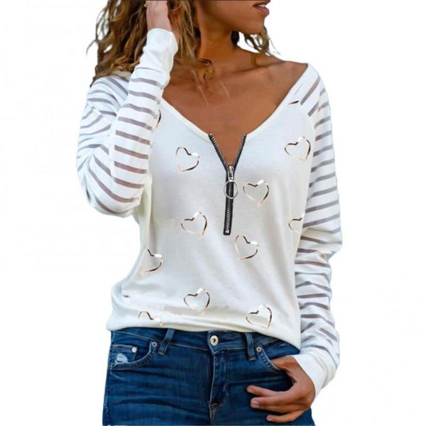 

women's t-shirt 80% women blouse long sleeve love heart print fashion zipper for spring, White