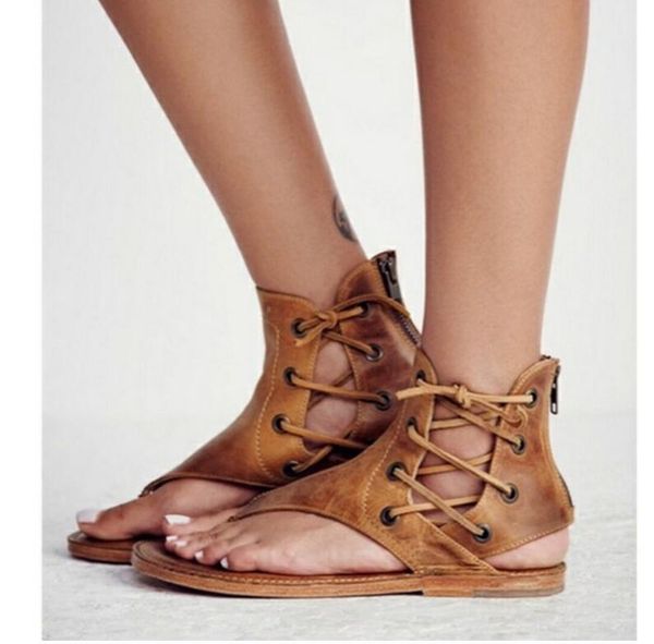 

women sandals vintage summer shoes gladiator flip-flops beach leather flat zipper 35-43, Black