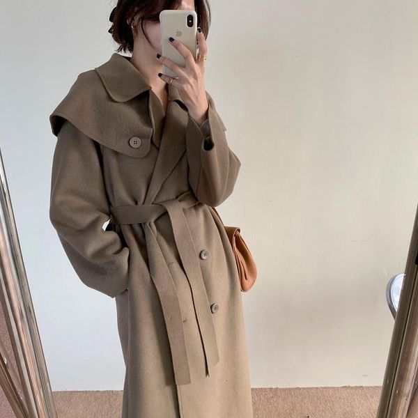 

women's wool & blends korean style autumn winter elegant fashion double breasted long coat with sashes cloak manteau two-way wear wd7d, Black