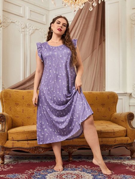 

plus floral print ruffle trim nightdress d5px#, Black;white
