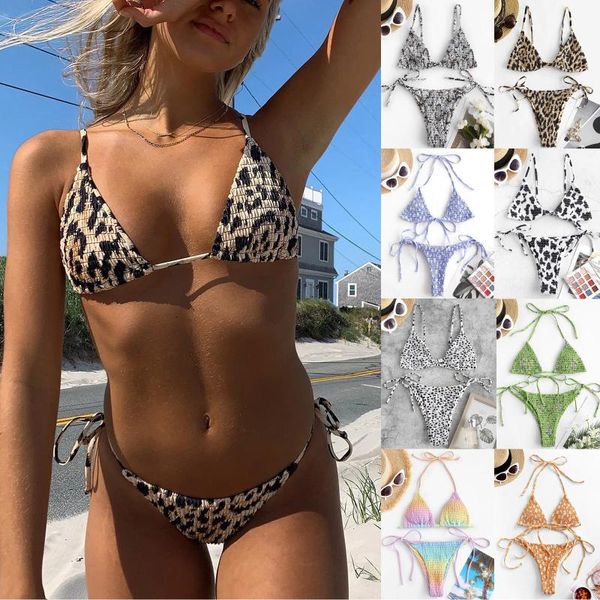 

women push up halter animal floral print blouse string bikini set two-piece three-point swimwear beach party#30 women's, White;black