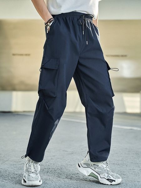 

men flap pocket drawstring waist cargo pants g7ir#, Black