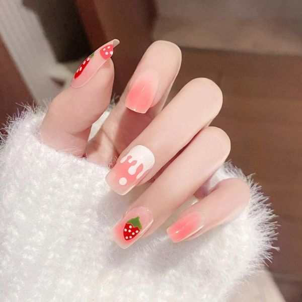 

false nails nail tip fake art press on with glue designs set full artificial mid-length clear cover tipsy stick square 24pcs, Red;gold