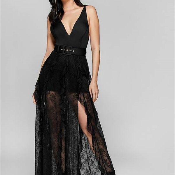 

winter black lace mesh women's dress black deep v neck club party see through vestidos 210414, Black;gray