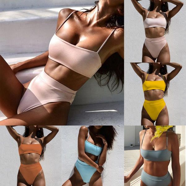 

solid bikini set bathing suit padded bra straps high waist swimsuit push up swimwear women print biquin women's, White;black