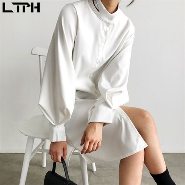 

ltph autumn arrival fashion vintage stand collar simple solid color shirt dress women lantern sleeve loose long dresses 210423, White