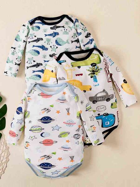 

baby boy 3 pack cartoon graphic contrast binding bodysuit she, Blue