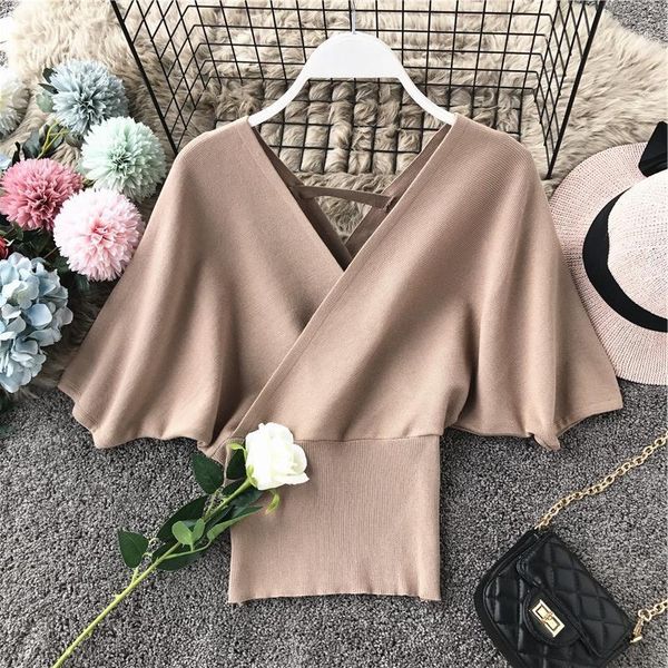 

women's sweaters bat sleeves pullovers shirts knitted sweater deep v-neck high waist slim backless ol crop cashmere women sweters, White;black