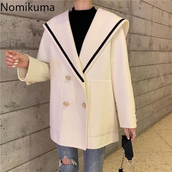 Nomikuma outono inverno jaqueta de lã japonês bateu cor marinheiro colar casaco causal double breasted mulheres outwear 6d679 210427