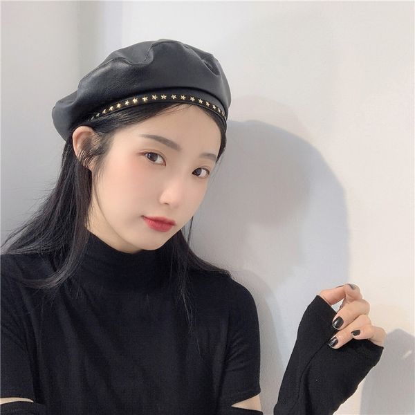 

sweet sa tuanfeng design metal black pu leather beret women's autumn winter net red british painter's hat, Blue;gray