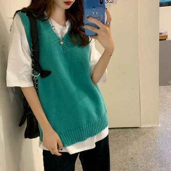

women's vests knitted vintage sweater vest v-neck knitting pullovers autumn winter korean style sleeveless loose female waistcoat jumpe, Black;white