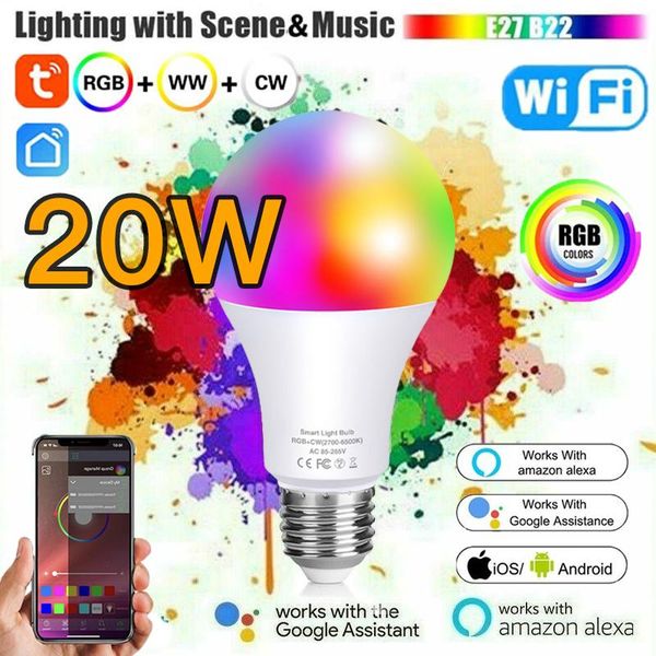

bulbs 20w smart bulb e27 b22 led lamp ir remote control or wifi siri voice dimmable alexa google assistant rgb ac85v-265v ios android