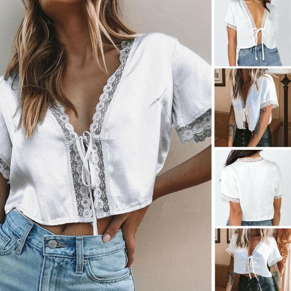 

women's blouses & shirts 2021 fashion ladies short sleeve crop lace satin shirt blouse tee casual loose lace-up hollow lumbar, White