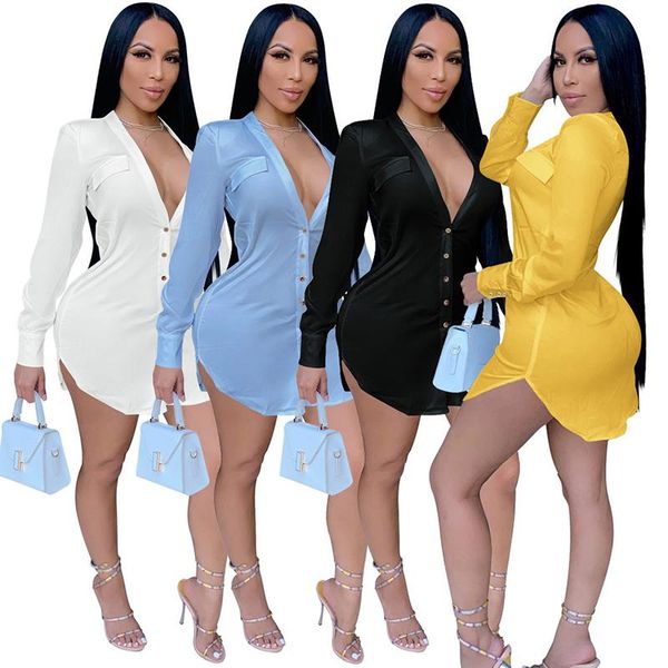 

casual dresses deep v neck women solid mini dress 2021 spring autumn long sleeve button up shirts bodycon party clubwear asymmetry, Black;gray