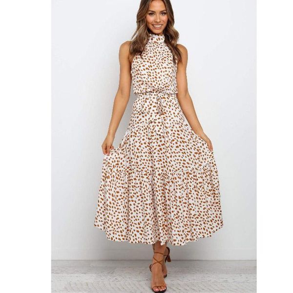 

casual dresses 2021 summer print long party dress women elegant halter sleeveless maxi spring, Black;gray