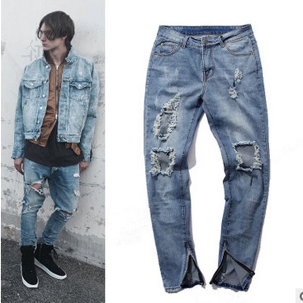 

men's jeans 2021 brand thin designer fit washed jeans street of distressed men denim hip hop at knee height torn holes in z, Blue