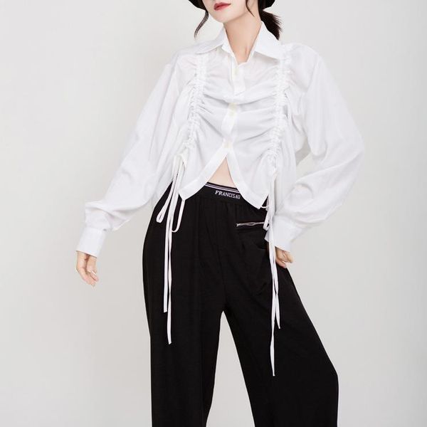 

women's blouses & shirts korean women chic drawstring pleated big size blouse lapel long sleeve loose fit shirt fashion tide spring aut, White
