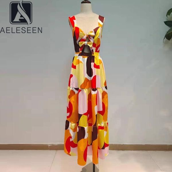 

casual dresses aeleseen vintage summer women dress runway fashion sleeveless v-neck geometric print 3d bow elegant long beach, Black;gray