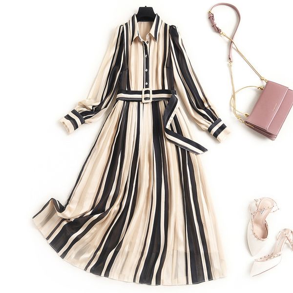 

casual dresses spring summer long sleeve lapel neck khaki striped chiffon belted pleated mid-calf dress elegant 21j1416742 fw9r, Black;gray