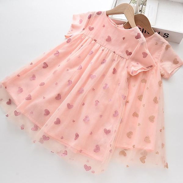 

girl's dresses girls casual 2021 fashion kids summer heart print cool children mesh vestidos baby sweet clothes 3-8y, Red;yellow