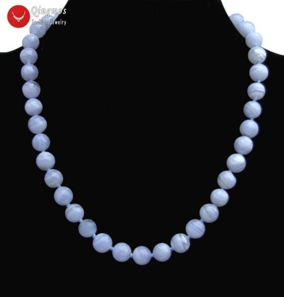 

chokers qingmos fashion blue lace agates necklace for women with 8mm round natural stone jewelry 17'' nec6546, Golden;silver
