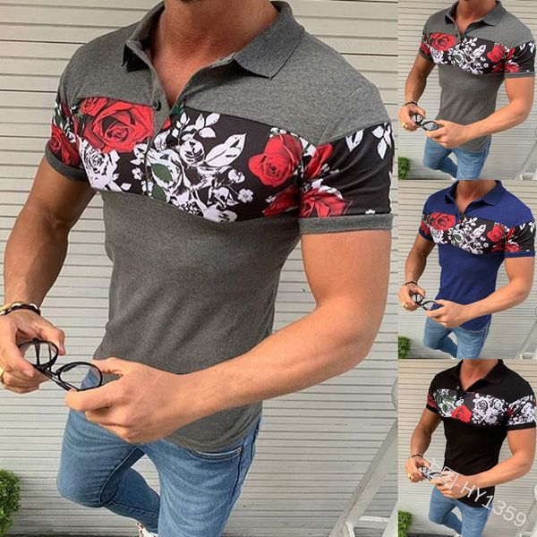 

men's polo shirt 2021 slim lapel rose print short sleeve hy1359, White;black