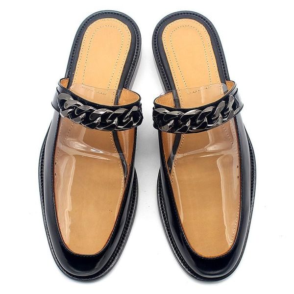 

sandals brand handmade mens slippers genuine leather flats summer 2021 metal chain loafers flat leisure cowhide party shoes men, Black