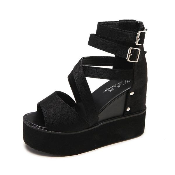 

sandals 2021summer women raised fish mouth roman sandal large back zip wedge heel platform shoes zapatos para mujer, Black