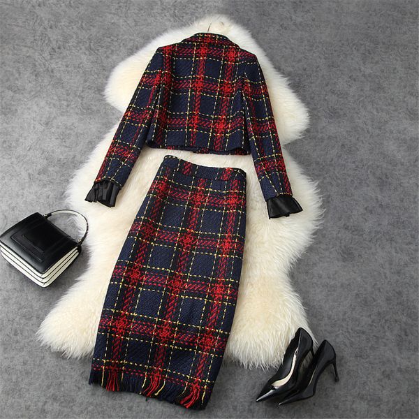 

two piece dress runway fashion women's suit winter bowknot chess outfit vintage short tweed wool jacket and skirt 2 piece joint 7wza, White