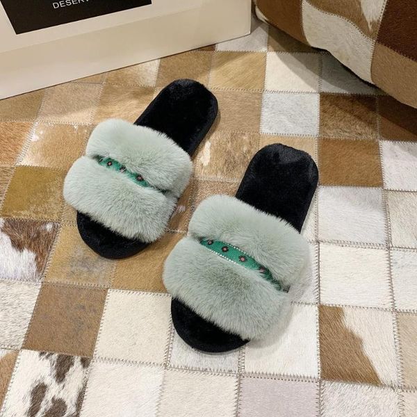 

women fur slippers outdoor casual plush flat bottom wild home female 2021 autumn winter low heeled flip flops, Black